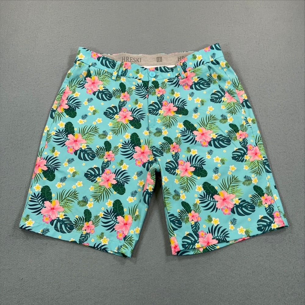 Hreski Mens Tropical Floral Golf Shorts Turquoise Blue Monstera Print Size 32